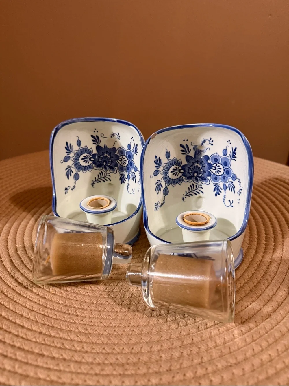 Blue & White Ceramic Votive Candle Holders with Floral Motif - Pair